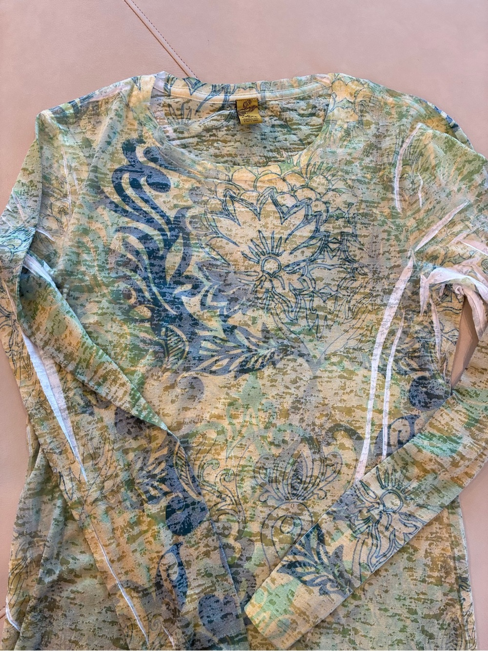 Prana XL Green and Blue Floral-Print Long Sleeve Tee Shirt - Picture 3 of 14